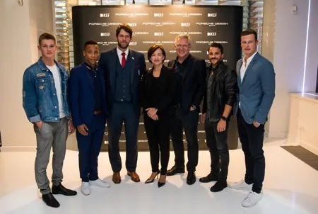 Damian Hardung (L-R), Jeffrey Hoffmann, Tom Ransley, Grace Lo, Managin Director of KEF Audio Group, Roland Heiler, Chief Design Officer of Porsche Design, Kostja Ullmann and Lars Burmeister